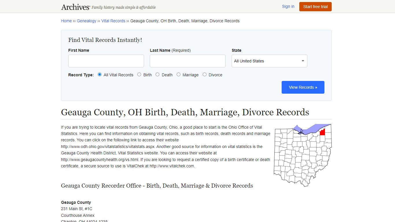 Geauga County, OH Birth, Death, Marriage, Divorce Records